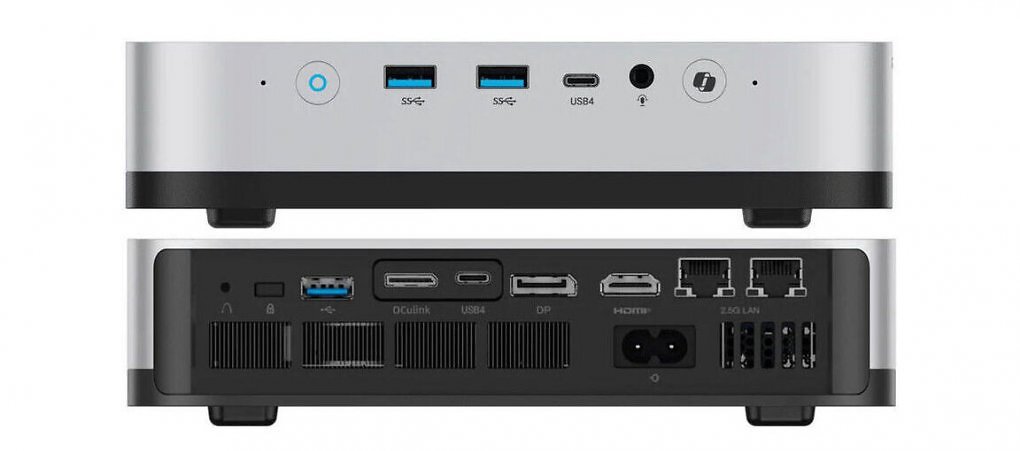 Anschlüsse des Minisforum AI X1 Pro. Unter anderem gibt es zweimal Ethernet mit 2.5G und eine Oculink-Buchse.
