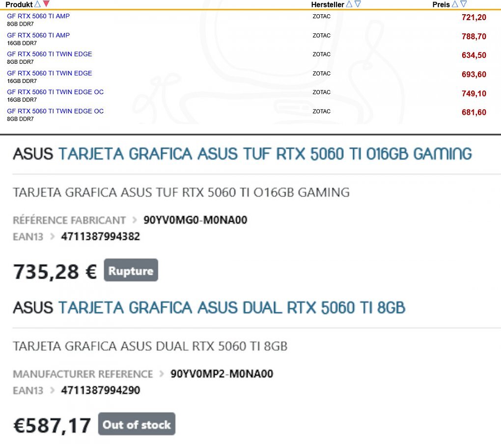 Die von @momomo_us veröffentlichten Screenshots zeigen die Preise von acht Modellen auf Basis der Geforce RTX 5060 Ti.