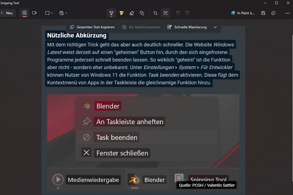 Textextraktion mit dem Snipping Tool