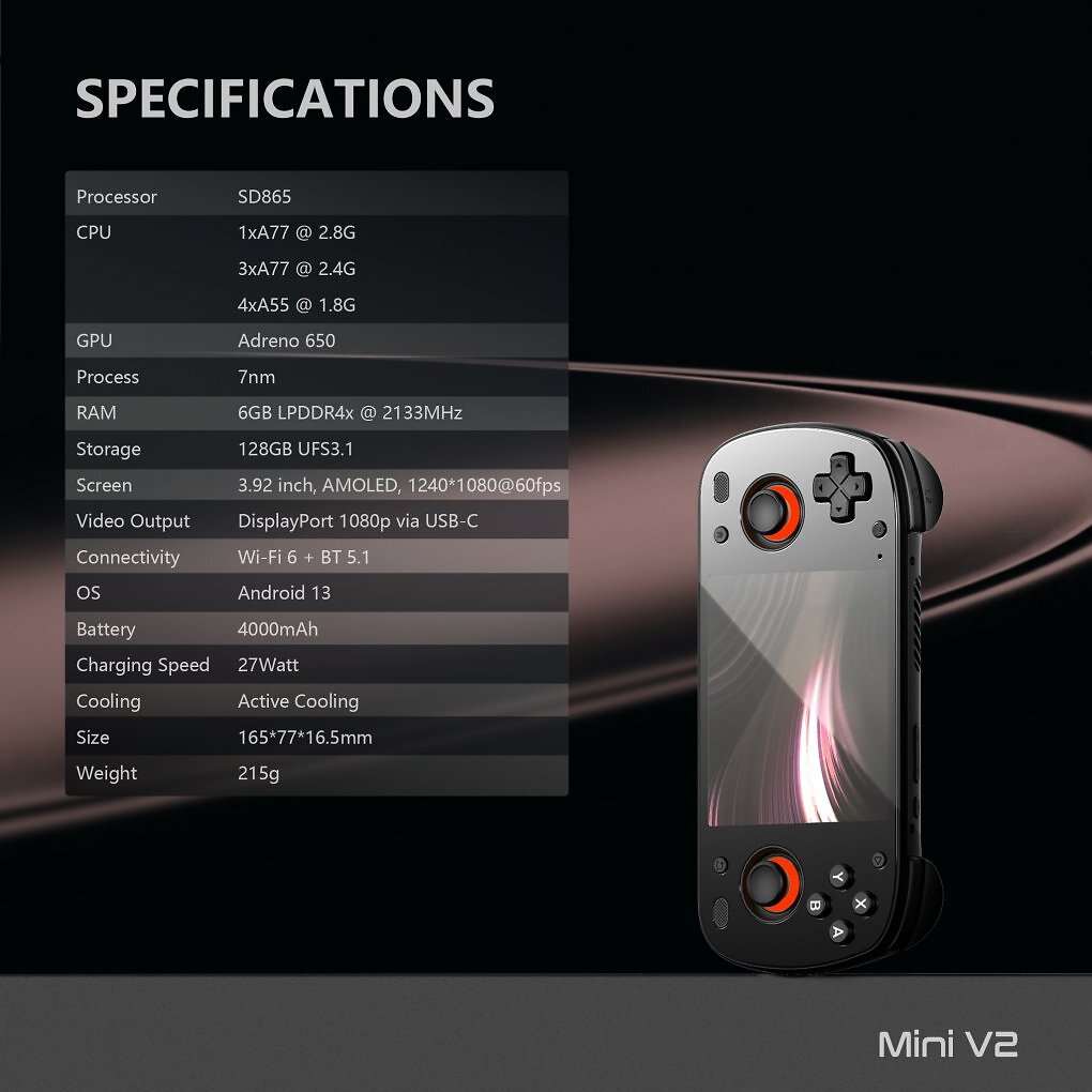 Die technischen Spezifikationen des Retroid Pocket Mini V2 im Überblick.
