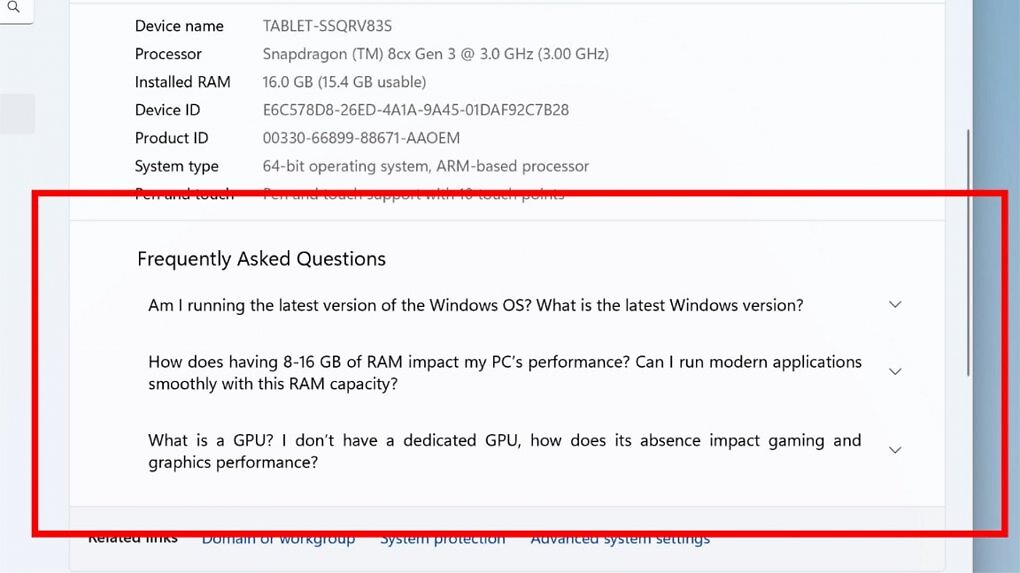 So sieht die englische FAQ-Sektion in Windows 11 24H2 aus.