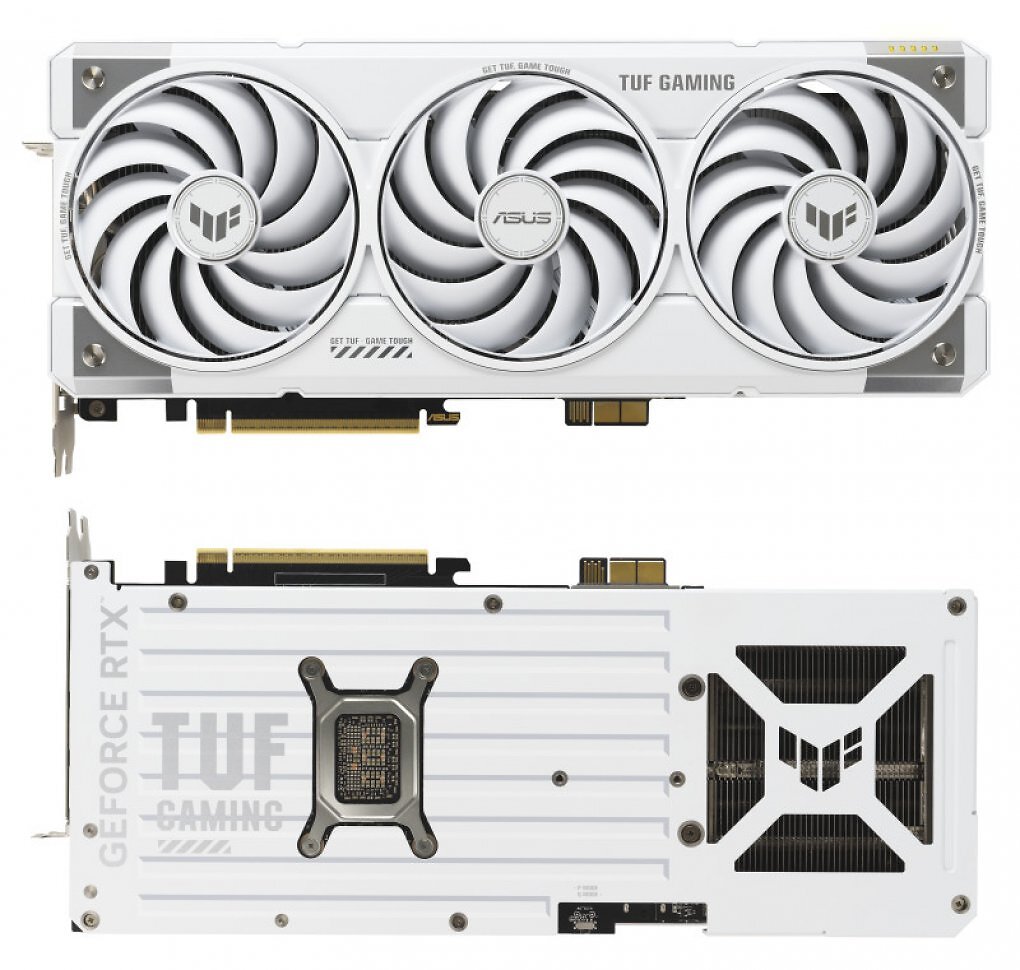 Die Asus Geforce RTX 5070 Ti TUF Gaming BTF White. Wie die neue RTX 5090 (oben abgebildet) verfügt sie über einen abnehmbaren Stromanschluss an der Unterseite.