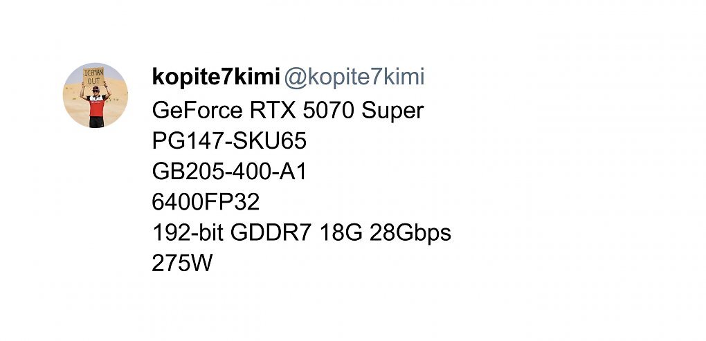 @kopite7kimi will die ersten Eckdaten zur Geforce RTX 5070 Super erfahren haben.