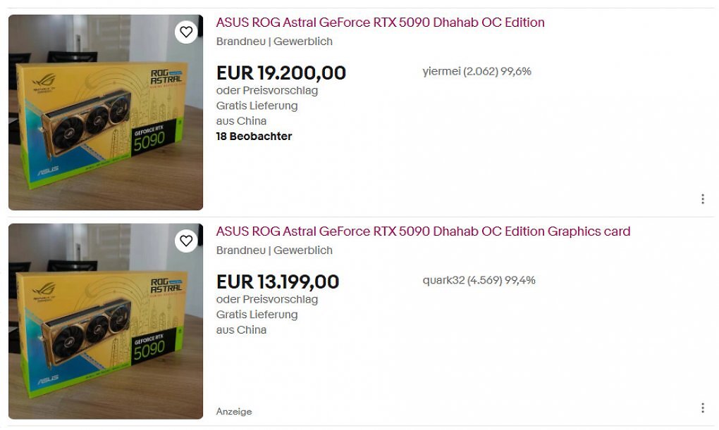 Die ROG Astral Geforce RTX 5090 in der Dhahab-Edition für Wucherpreise auf Ebay.