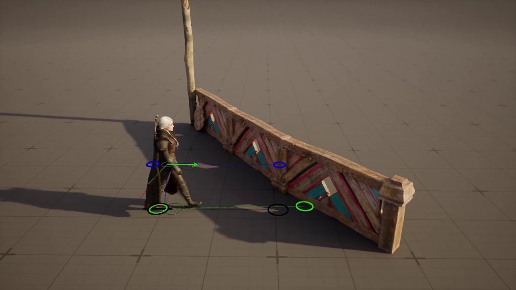 Auch die Holzballustrade ist ein Smart Object. Hier sehen Sie die Interaktion im Editior der Unreal Engine 5.