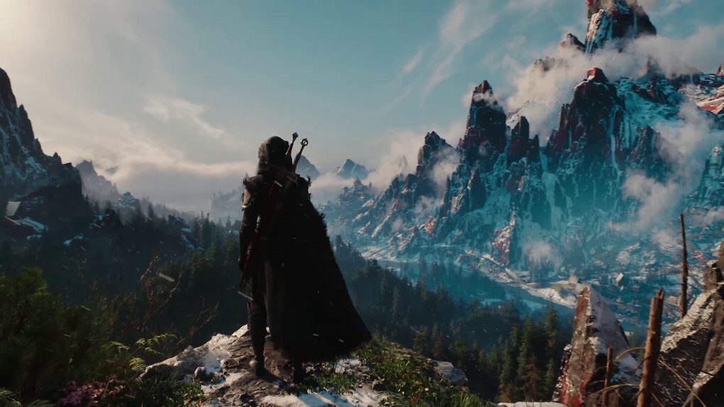 Zum Beginn der Techdemo lässt Ciri den Blick über die weite, feindetaillierte Landschaft gleiten. Der Mantel flattert dank schicker Cloth-Physik im Wind, Partikel wehen umher, der Nebel nimmt dank Lumen-GI und Voxelverrechnung stimmungsvoll das Umgebungslicht auf.<br><br>Der hohe Kontrast zwischen grellem Sonnenlicht, den dunklen Schatten sowie die bergige Landschaft erinnern zudem stark an die Witcher-Behausung Kaer Morhen aus dem dritten Teil - unseres Erachtens ist dies von CDPR bezweckt, um trotz Engine-Wechsel und einer Vielzahl neuer Techniken die enge Witcher-Verwandtschaft, die Beibehaltung des 'Paintery'-Look des Vorgängers zu untermalen.