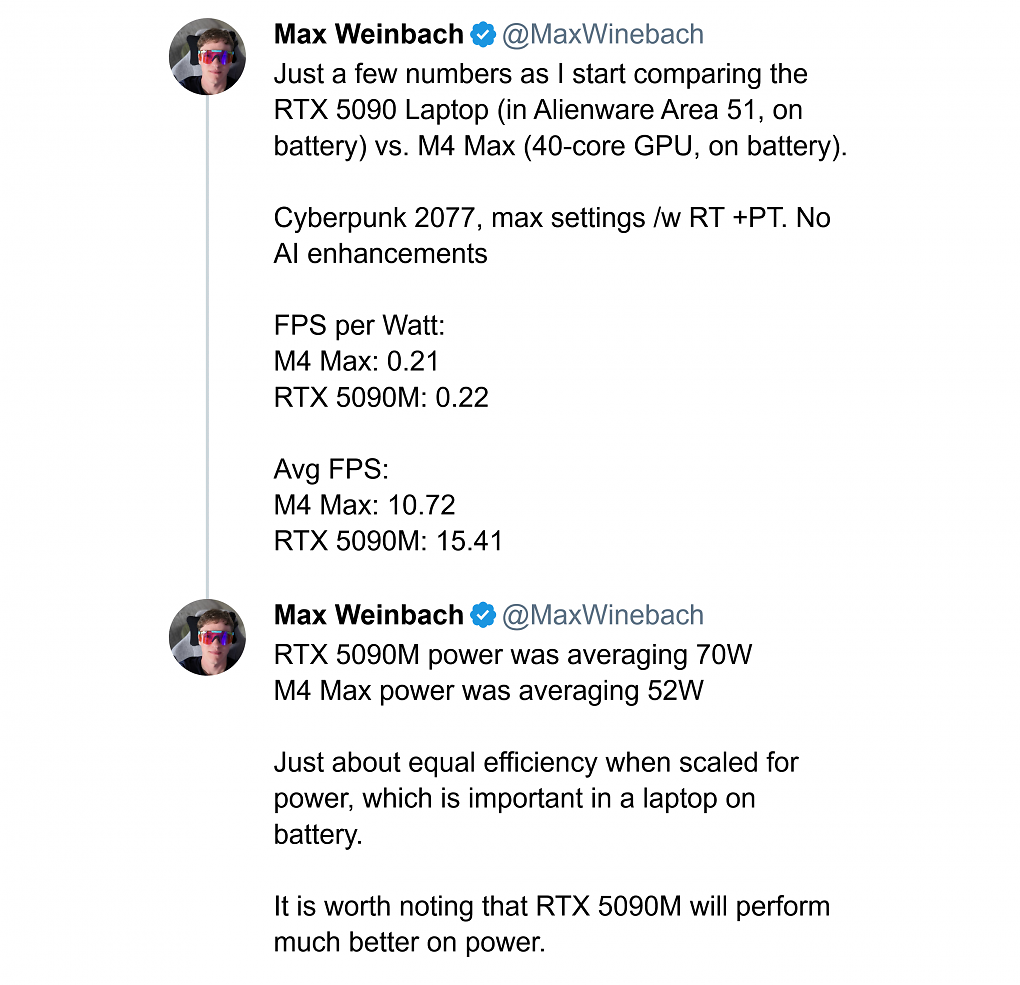 Durch zusätzliche Recheneinheiten liegt die Geforce RTX 5090M bei der Performance deutlich vorn. Der Unterschied bei der Effizienz ist hingegen knapp.