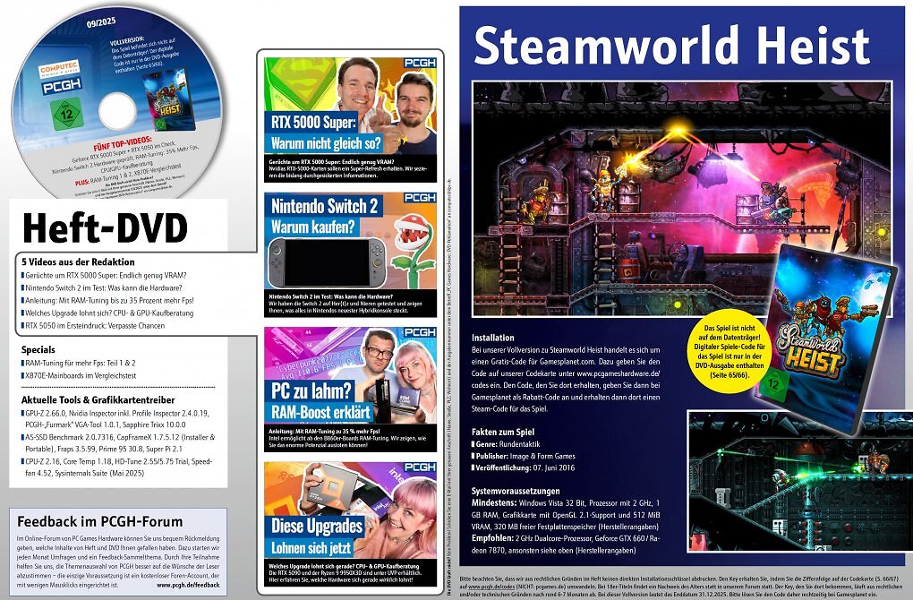 In der DVD-Ausgabe finden Sie nicht nur weitergehende Artikelmaterialien, Videos und Tools, sondern auch <a href='de.gamesplanet.com/game/steamworld-heist-steam-key--4933-1?ref=computec'><strong><u>Steamworld Heist</u></strong></a> als Steam-Vollversion.