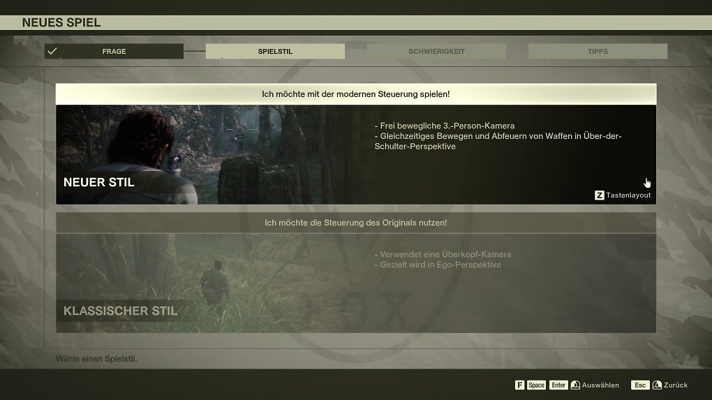 Zu Beginn eines neuen Spiels können Sie zwischen der klassischen Ansicht und dem neuen Stil wählen. So spielt sich MGS Delta: Snake Eater entweder wie im Original oder neu interpretiert.