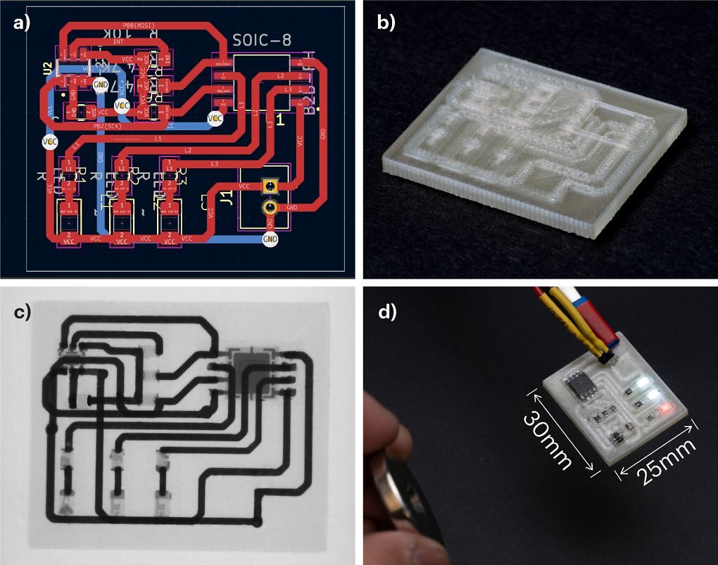 Der Schaltplan und das gedruckte PCB. Bei Kontakt mit Wasser löst es sich in seine Einzelteile auf.