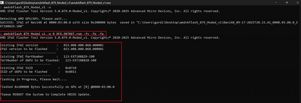 Erfolgreicher Flash-Vorgang mit RX-9070-XT-BIOS auf eine Radeon RX 9070.