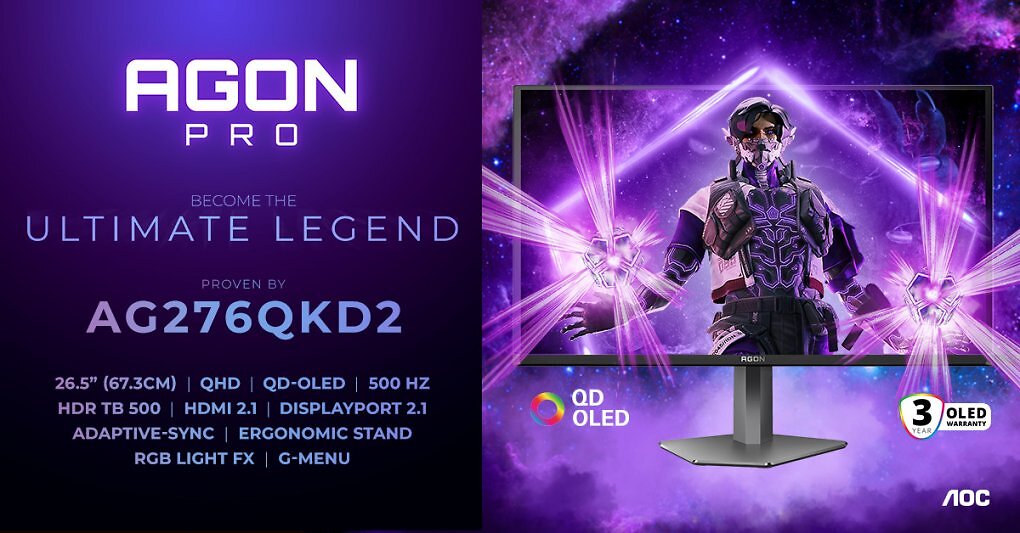 AOC AGON PRO AG276QKD2: 'Neues Level an Gaming' mit 500 Hz und QD-OLED