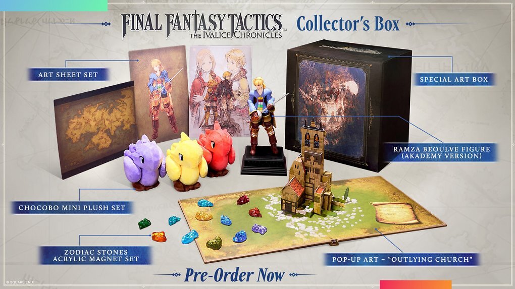 Diese Sonderedition, die parallel zum Release von FINAL FANTASY TACTICS - The Ivalice Chronicles im September erscheinen soll, enthält zwar nicht die Vollversion des Spiels, dafür aber ein exklusives Set aus fünf Sammlerstücken - stilvoll verpackt in einer speziellen Art-Box.