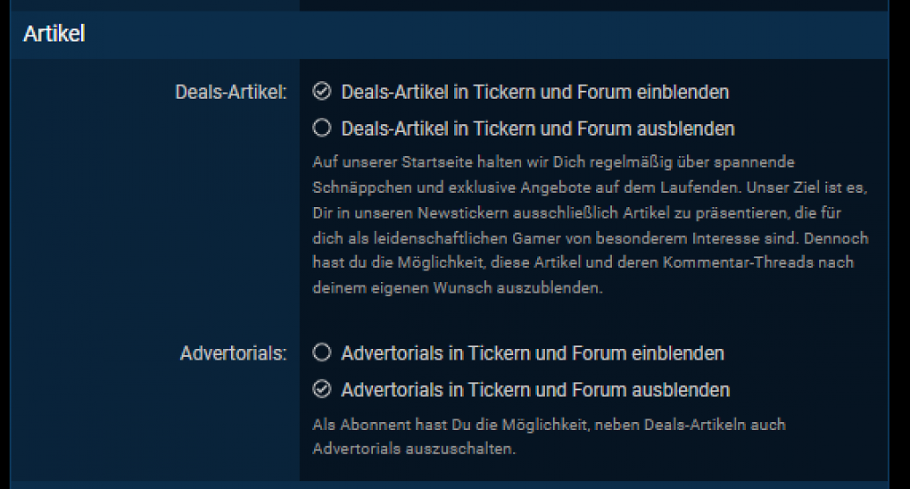 Die Optionen für Abonnenten