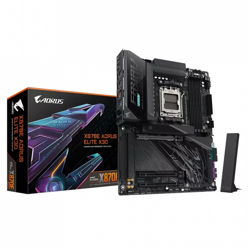 Hier ist das Gigabyte X870E Aorus Elite X3D mit Verpackungskarton abgebildet.