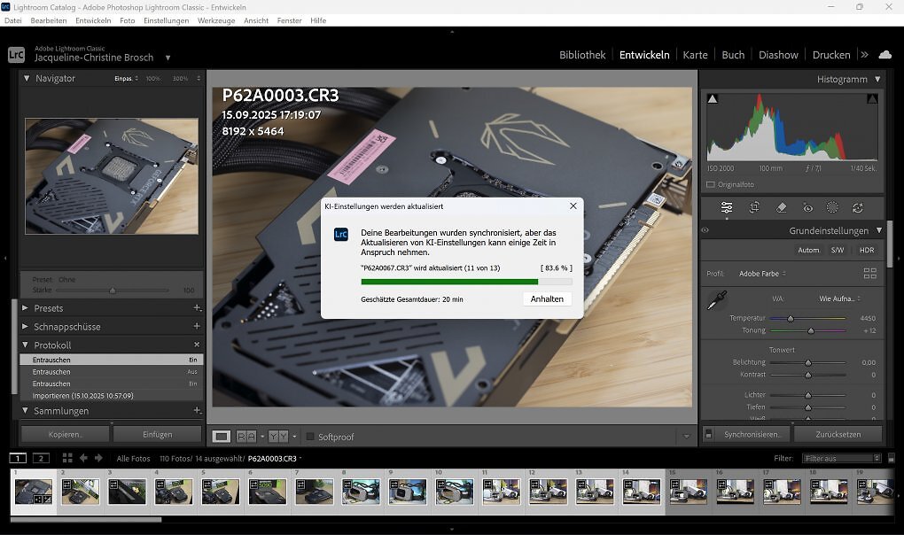 Mit integrierter GPU kann das Entrauschen von 13 Bildern gut und gerne über 20 Minuten dauern.