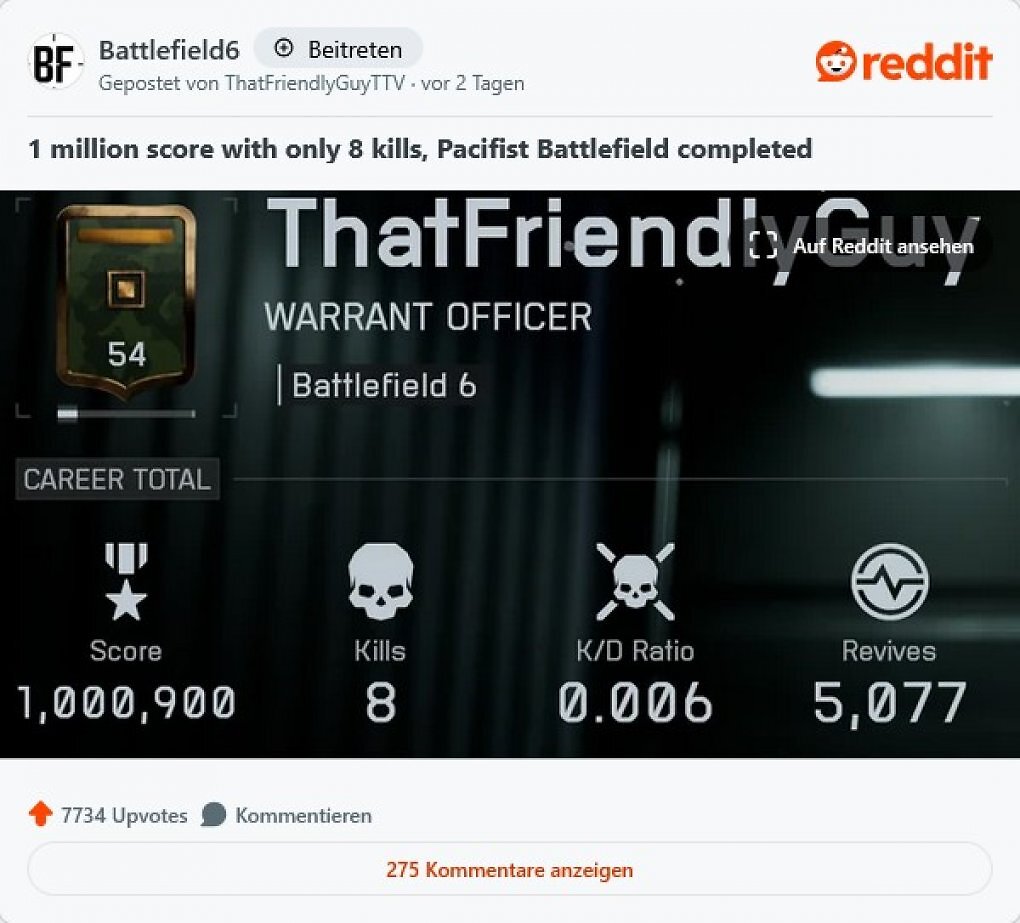 Battlefield 6: Pazifisten-Mission erfüllt - eine Million Punkte, 8 Kills, 5.077 Wiederbelebungen (1)