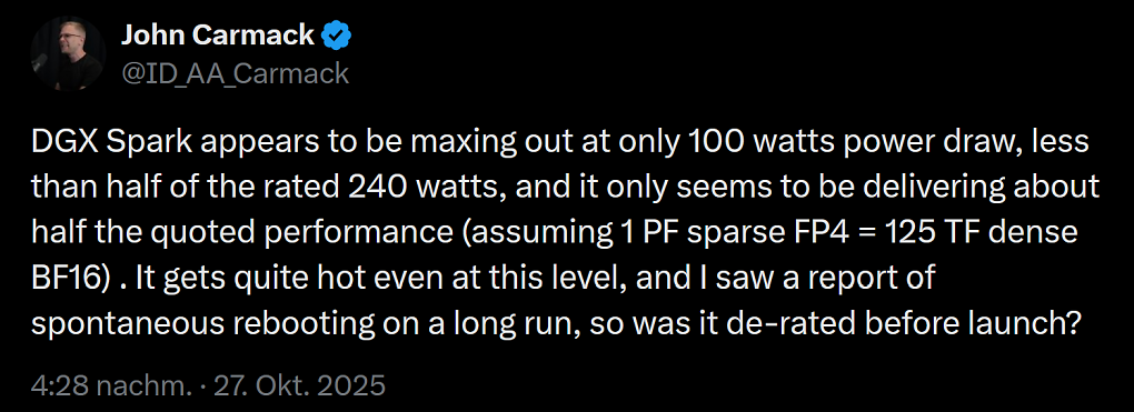 Laut John Carmack bleibt Nvidias DGX Spark hinter den Erwartungen zurück.