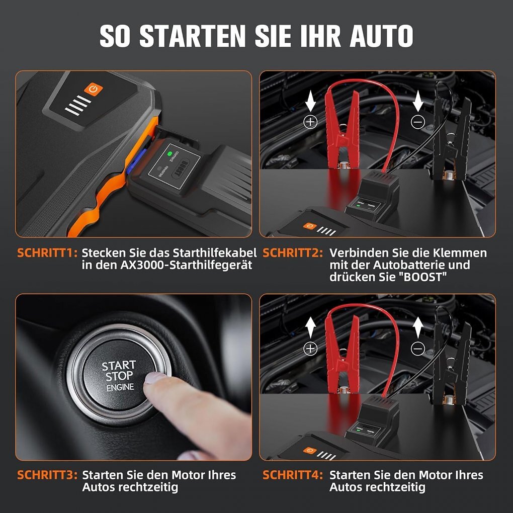 Die Anwendung der Starthilfe-Powerbank ist sehr einfach.