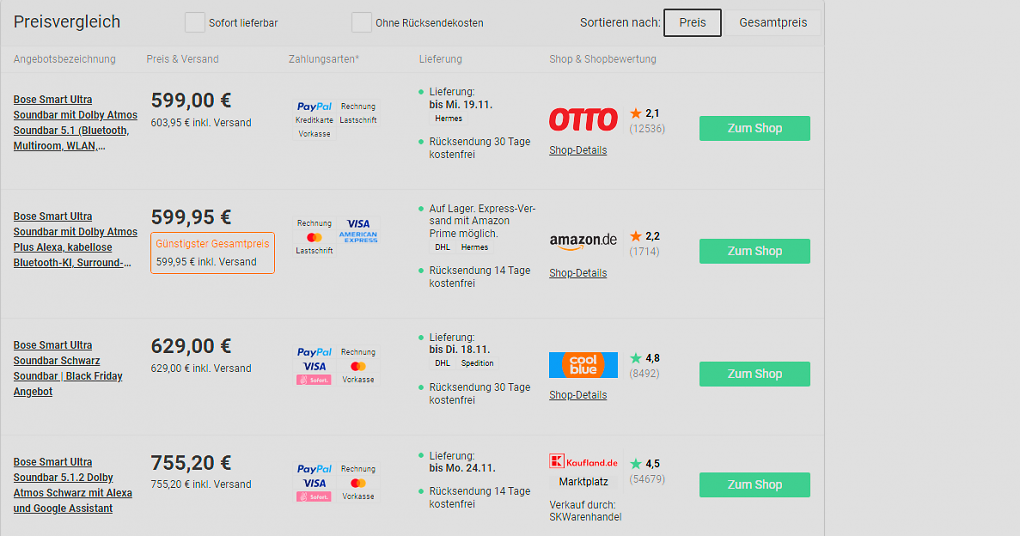 Der Preisvergleich bei Idealo zeigt, dass es die Bose Smart Ultra Soundbar bei Amazon am günstigsten zu kaufen gibt.
