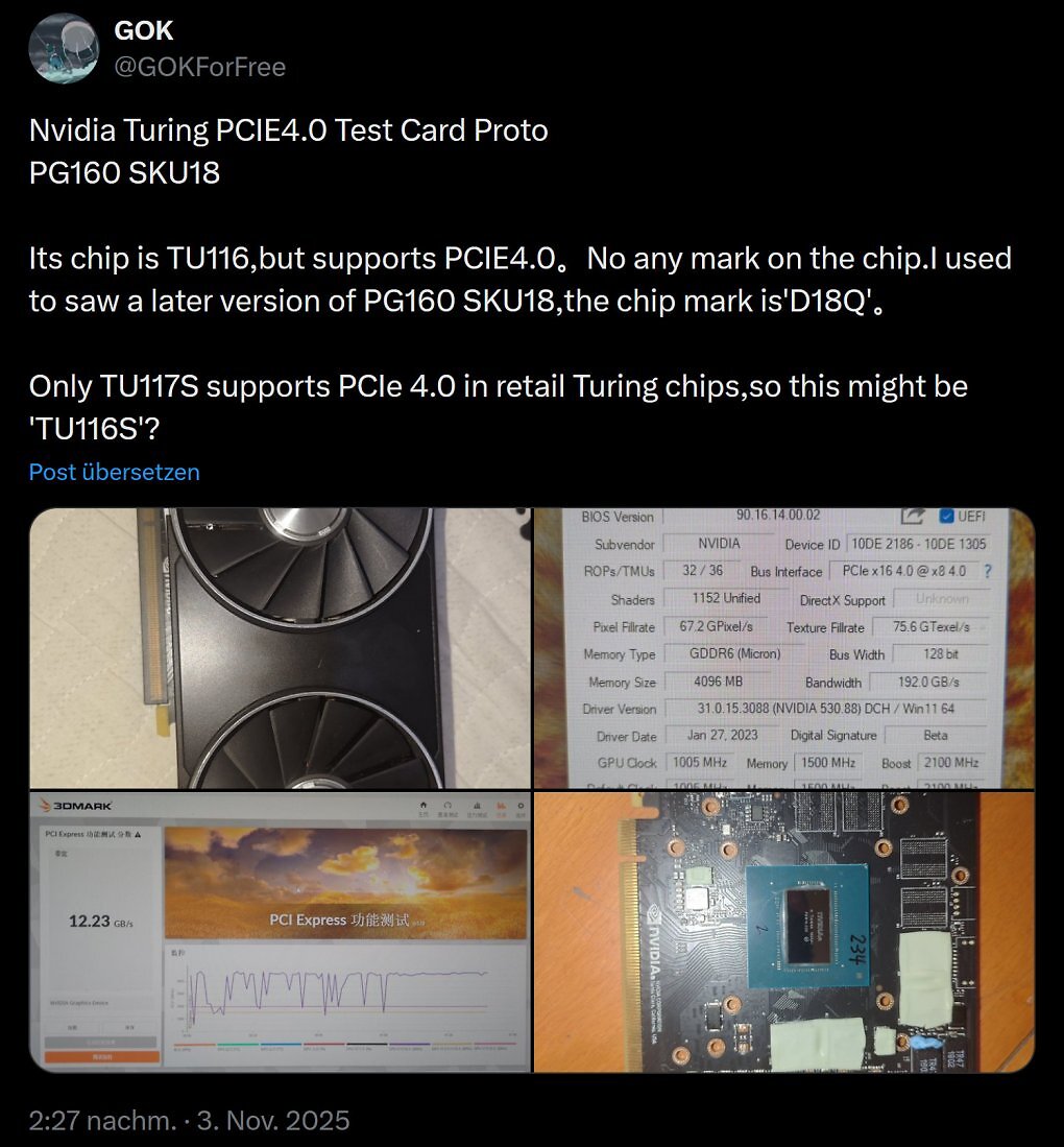 Auf X veröffentlichte @GOKForFree Screenshots und Bilder des Grafikkarten-Prototyps mit der Kennnummer PG160 SKU 18. Die finale GTX 1650 Super wird als PG166 SKU 24 bezeichnet.