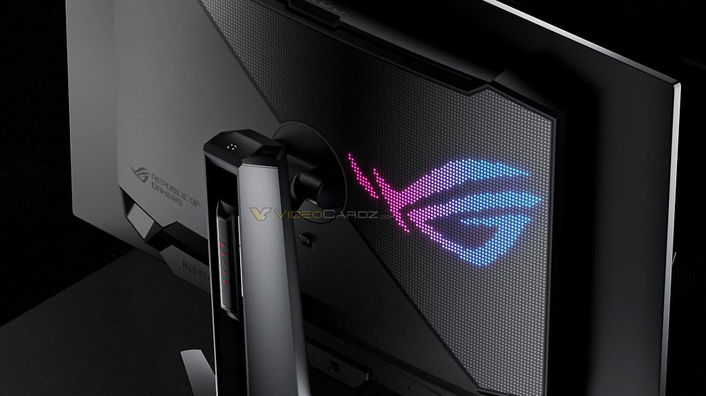 Die Rückseite des Asus PG32UCDM3 - mit beleuchtetem ROG-Logo.