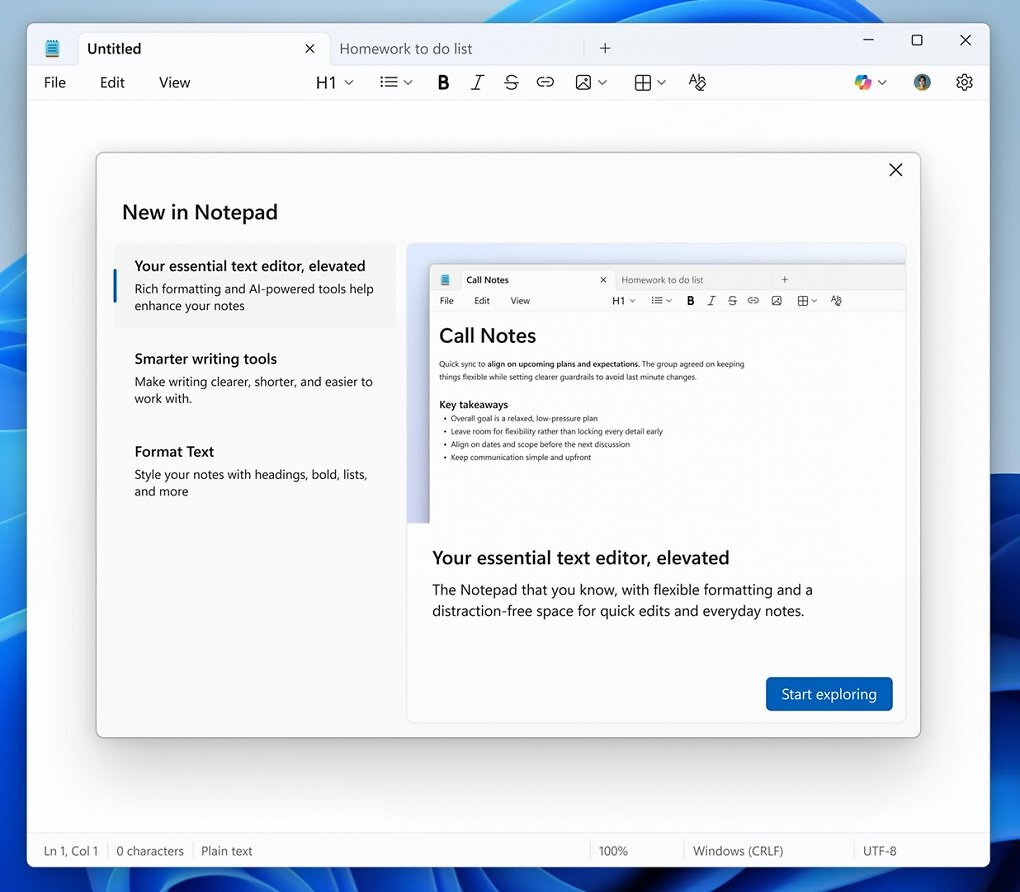 Seit dem neuesten Update begrüßt einen das Notepad mit einem Willkommensbildschirm. Dieser weist auf die neuen KI- und Formatierungsoptionen hin.