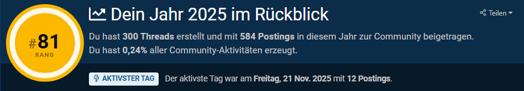 Über 'Teilen' lassen sich die eigenen Statistiken teilen - auch im Forum als BBC-Code.