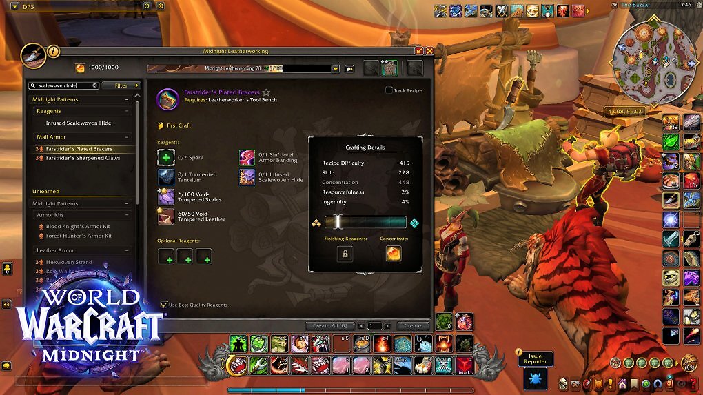 Epische Lederverarbeitung, <strong>WoW Midnight</strong>-Style: Anstelle der zersplitterten Funken kommt es nicht zur Vereinfachung, sondern zur Eskalation: Epische Handwerksarbeiten erfordern nun <i>zwei Funken</i> statt einem sowie <i>zusätzlich ein obligatorisches Gequältes Tantal </i>und <i>ein hochwertiges Reagenz</i> für epische Crafts.