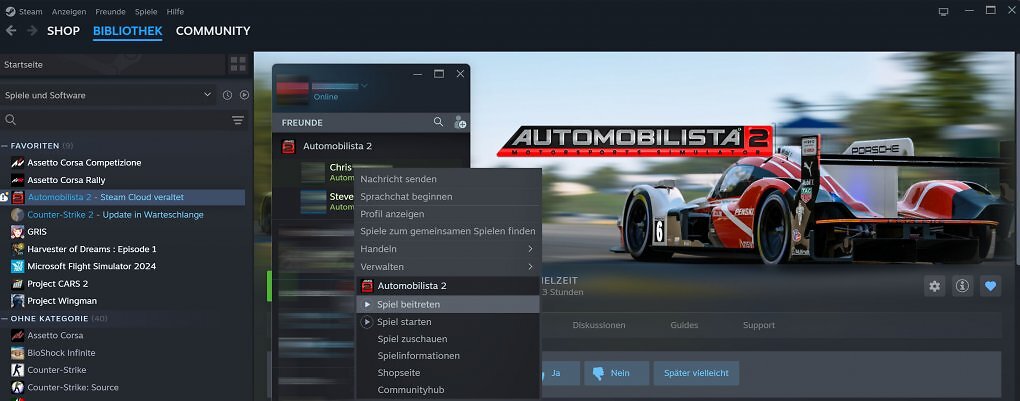Mit einem Klick ist man bei Automobilista 2 in der Multiplayer-Partie.