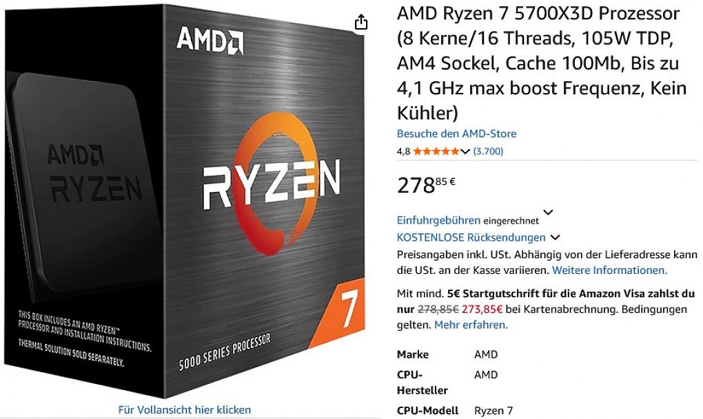 Ryzen 7 5700X3D: Amazon bietet wenige Exemplare für 278,85 Euro inkl. Einfuhrgebühren aus UK an.