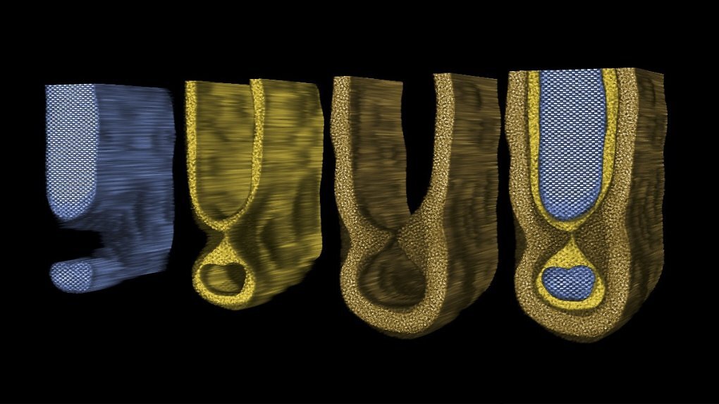 Dieses Bild zeigt die Silizium-, Siliziumdioxid- und Hafniumoxidschichten im Inneren eines Transistorkanals.<br>