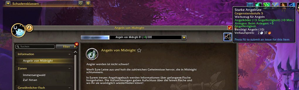 <i>Das <strong>Angeltagebuch</strong> von WoW Midnight zeigt Fortschritt, Zonen, Fischarten und aktive Ausrüstungsboni - über Angelrute und Köder lässt sich die effektive Angelfertigkeit direkt im Interface erhöhen.</i>