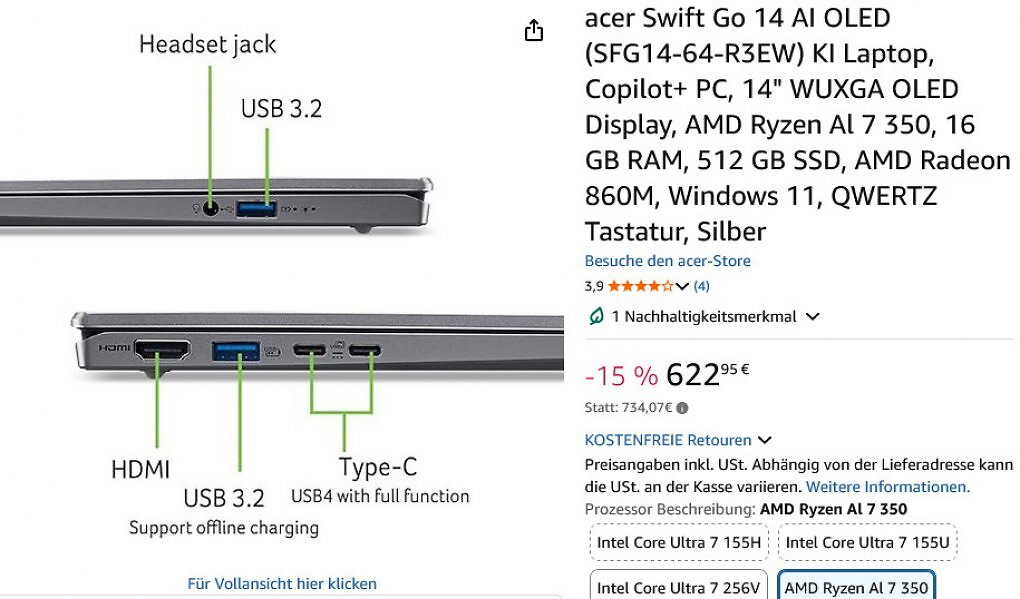 Gleich mehrere USB4-Buchsen sind für 622,95 Euro klar überdurchschnittlich.