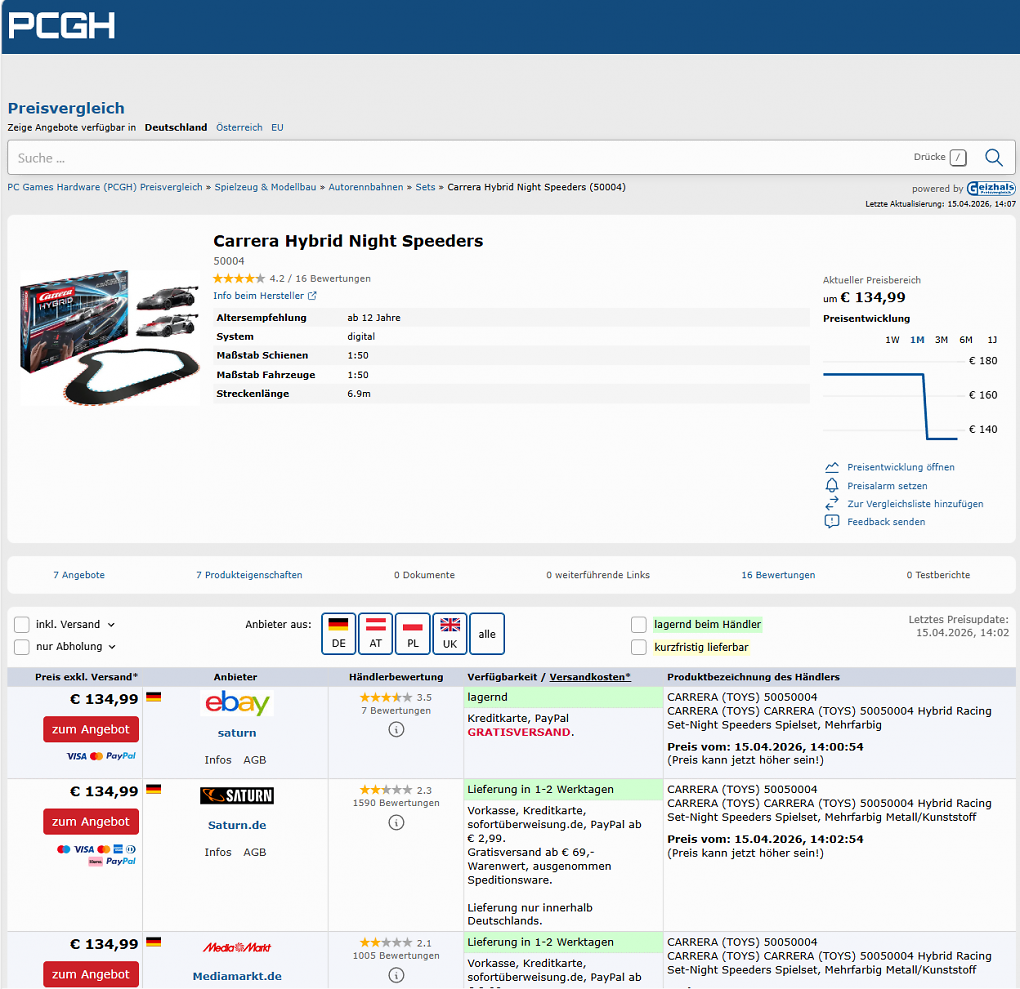 PCGH-Preishistorie zur Carrera Hybrid mit Porsche 911 (Stand: 15.04.2026).