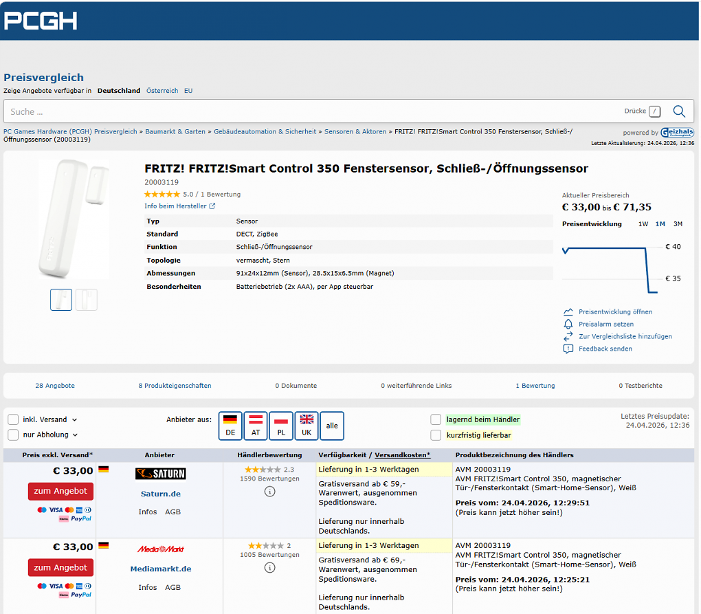 PCGH-Preisvergleich zum FritzSmart Control 350 zeigt, dass es diesen smarten Fenstersensor nirgendwo günstiger gibt, als bei MediaMarkt (Stand: 24.04.2026)