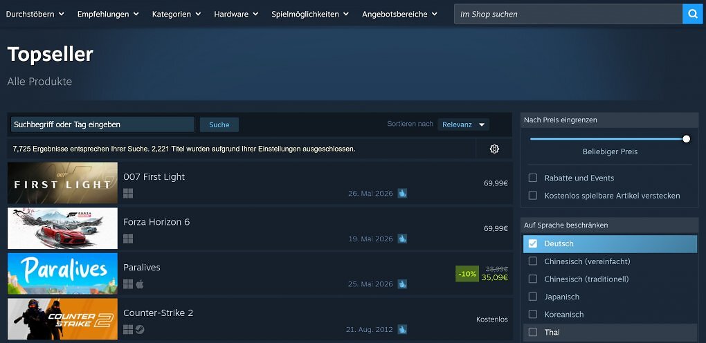 007 First Light als Topseller auf Steam.