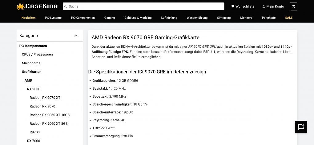 Die Website von Caseking führt die AMD Radeon RX 9070 GRE auch breits.