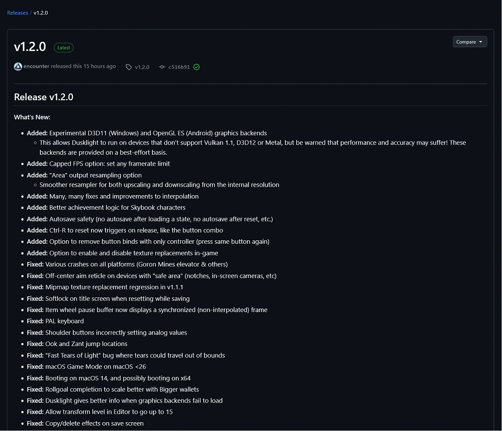 Die offiziellen Release Notes von Dusklight 1.2