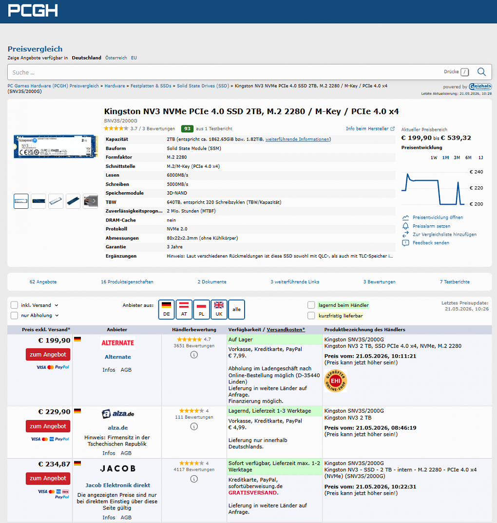 PCGH-Preisvergleich zur Kingston NV3 2TB SSD (Stand: 21.05.2026).