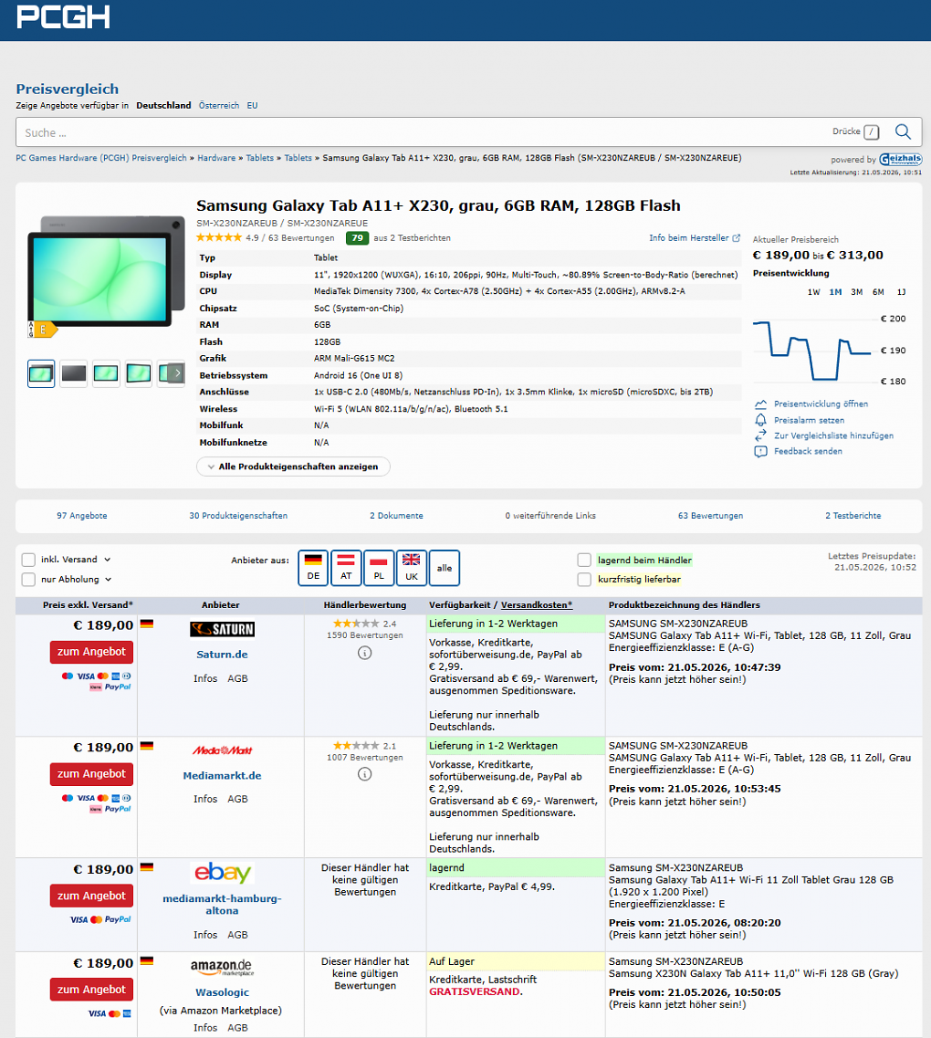 PCGH-Preisvergleich zum Samsung Galaxy Tab A11 128GB (Stand: 21.05.2026).