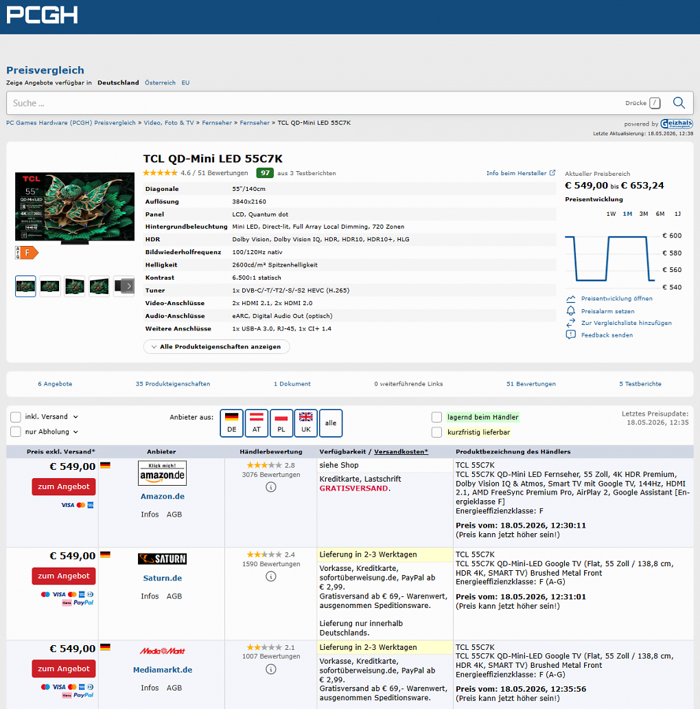 PCGH-Preisvergleich zum Mini-LED-TV TCL 55C7K (Stand: 18.05.2026).