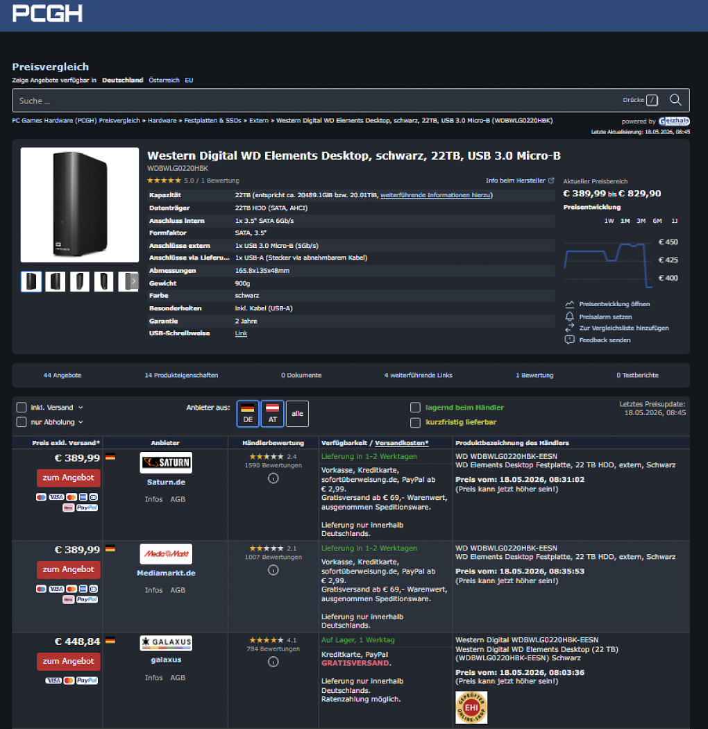 PCGH-Preisvergleich zur externen Festplatte WD Elements Desktop 22 TB (Stand: 18.05.2026).