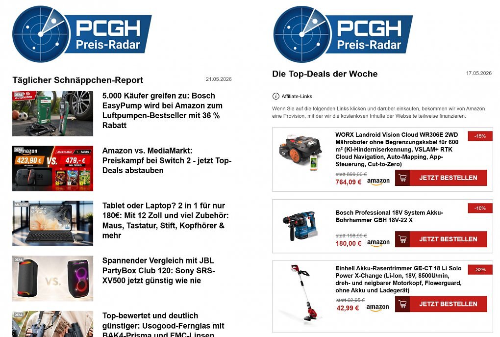 Links der tägliche und rechts der wöchentliche Schnäppchen-Report