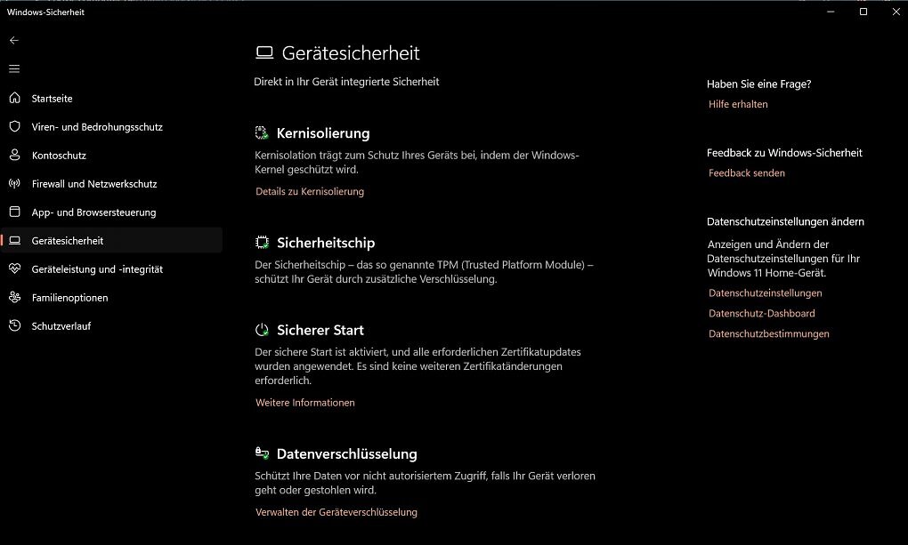 Die App Windows-Sicherheit bietet unter "Sicherer Start" eine Anzeige des aktuellen Status für die Secure-Boot-Zertifikate.