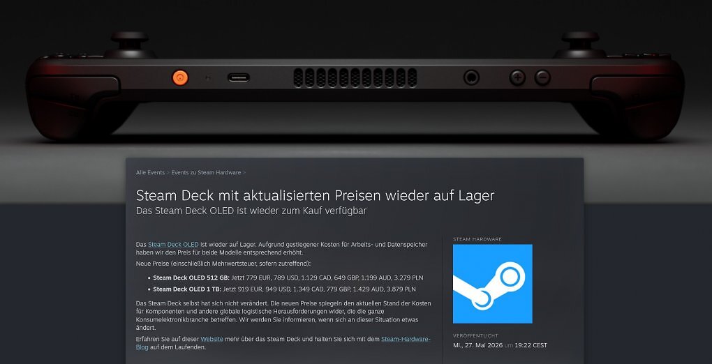 Stellungnahme von Valve zu den neuen Preisen des Steam Deck OLED.