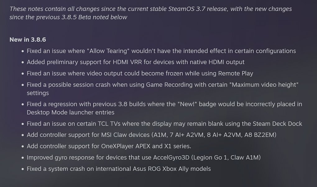 <strong>SteamOS 3.8.6 Beta: </strong>Die Release Notes weisen der Support für HDMI-VRR aus.