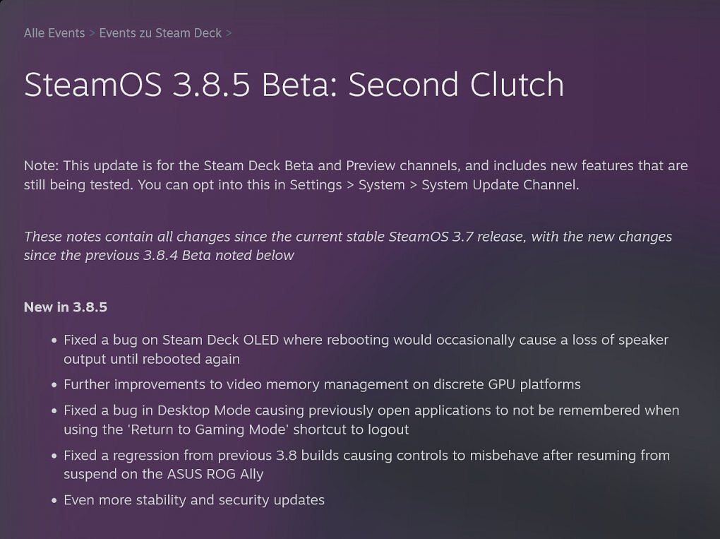 Die Release Notes von SteamOS 3.8.5 Beta listen zahlreiche Optimierungen
