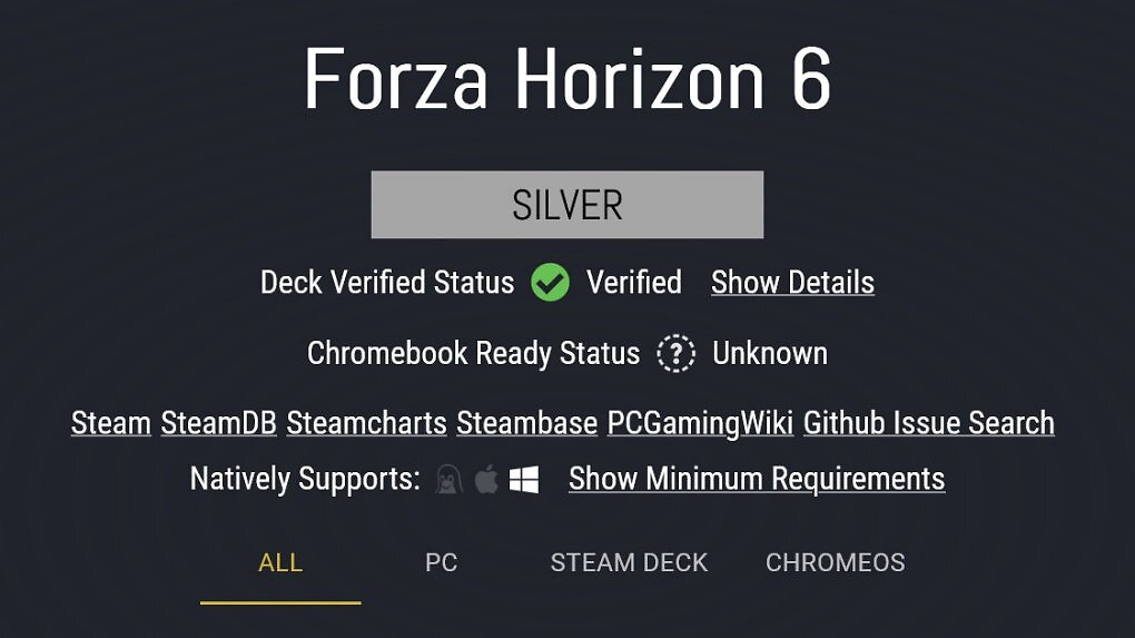 Forza Horizon 6 auf ProtonDB: Aktuell nur mit Silber bewertet.
