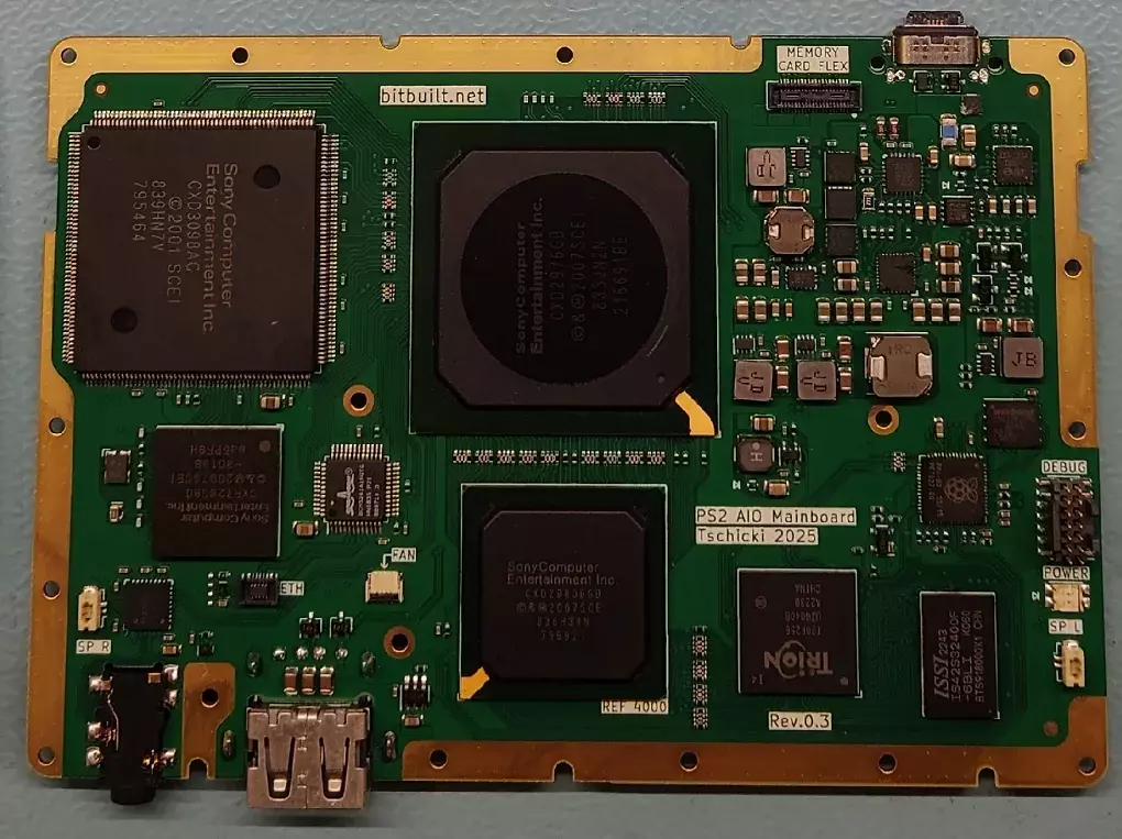 Custom-Mainboard der Playstation 2 Portable mit FPGA-Chip und sechs originalen Sony-ICs